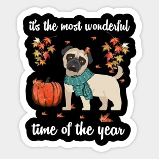 Pug Dog Autumn Fall Most Wonderful Time Maple Gift Sticker